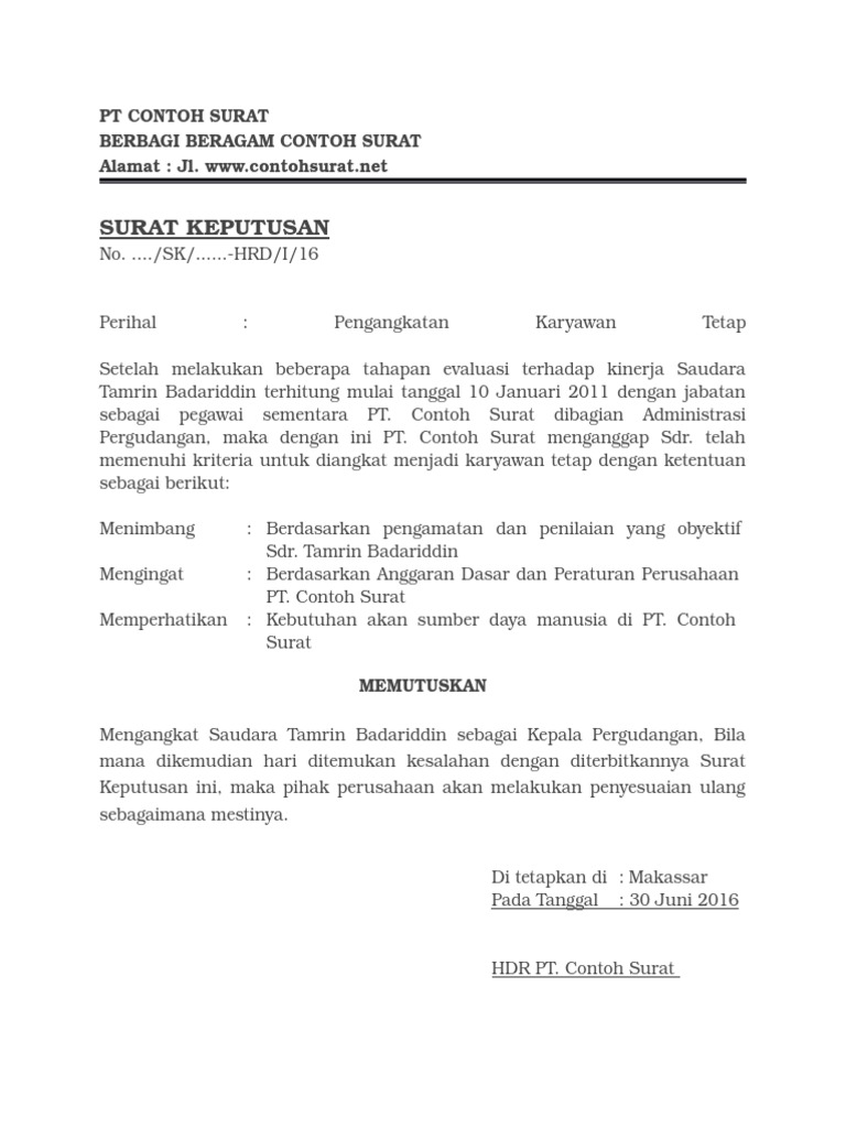Contoh Surat Keputusan In English