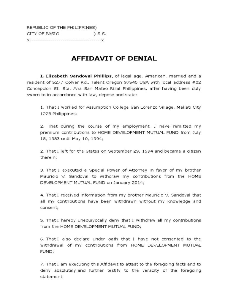 Affidavit of denial i elizabeth sandoval phillips of legal age