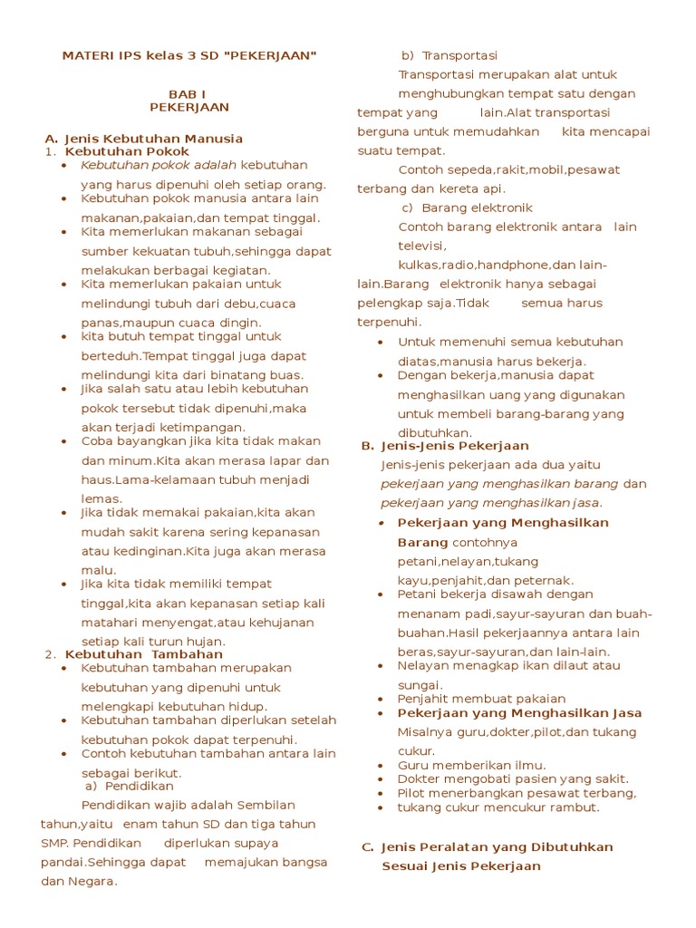 Materi Ips Kelas 3 Sd Pekerjaan