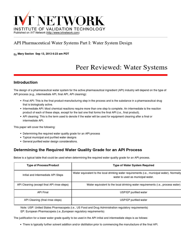 IVT Network API Pharmaceutical Water Systems Part I Water System