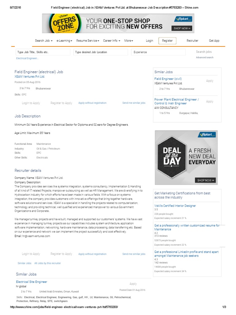 Field Engineer (Electrical) Job in XEAM Ventures PVT Ltd. at