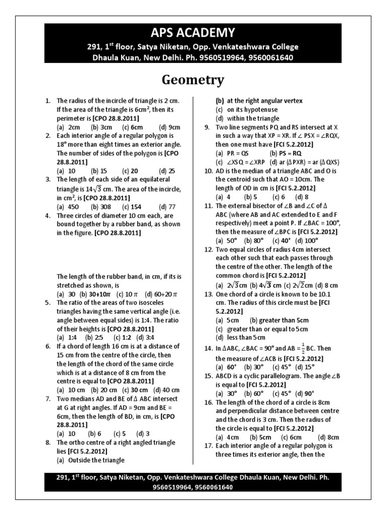 Geometry Problems for Competitive Exams | PDF | Triangle | Circle