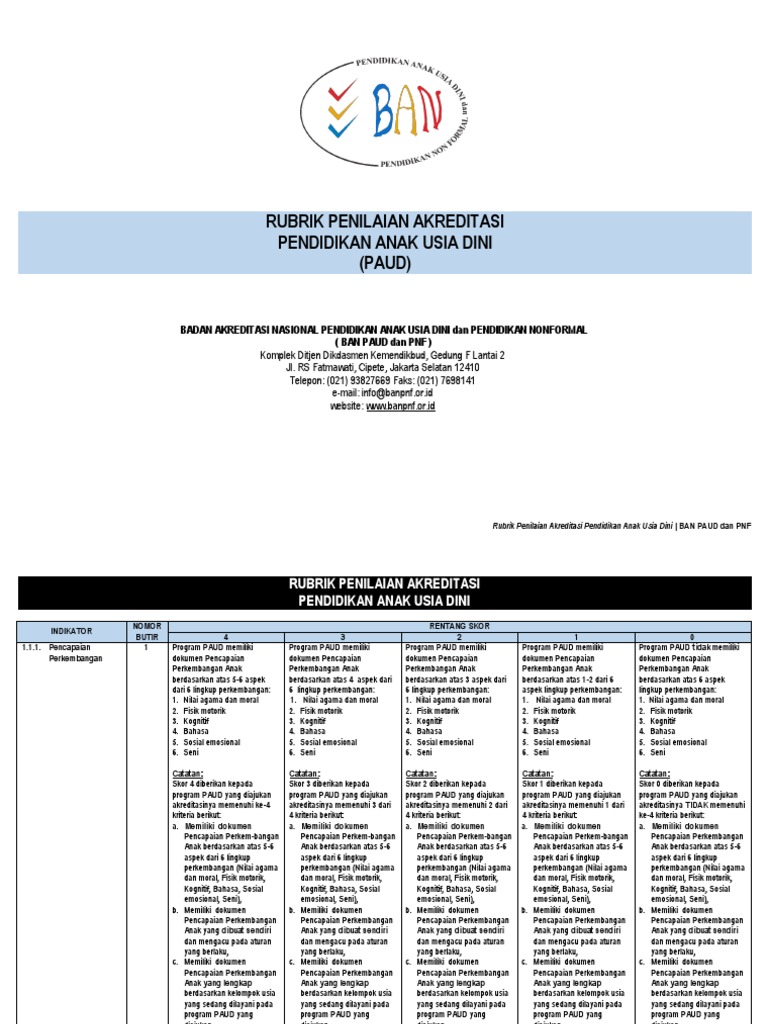 Rubrik Penilaian Akreditasi Paud 1 Pdf