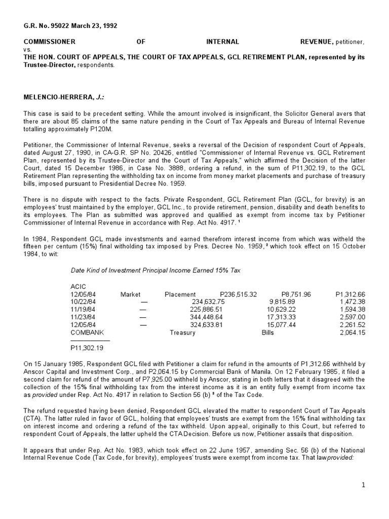 Cir vs CA,Cta,Gcl Retirement Plan Withholding Tax Trust Law