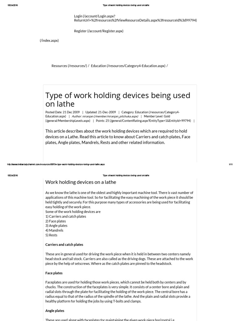 Type of Work Holding Devices Being Used On Lathe PDF Equipment