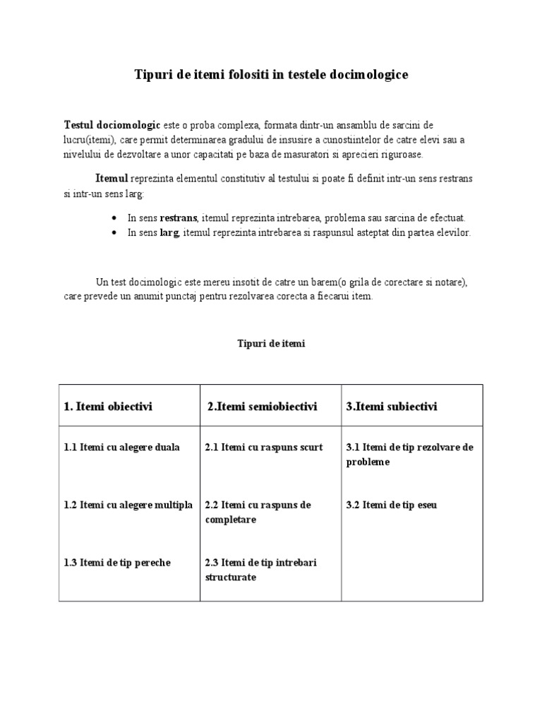 Tipuri de Itemi Folositi in Testele Docimologice | PDF