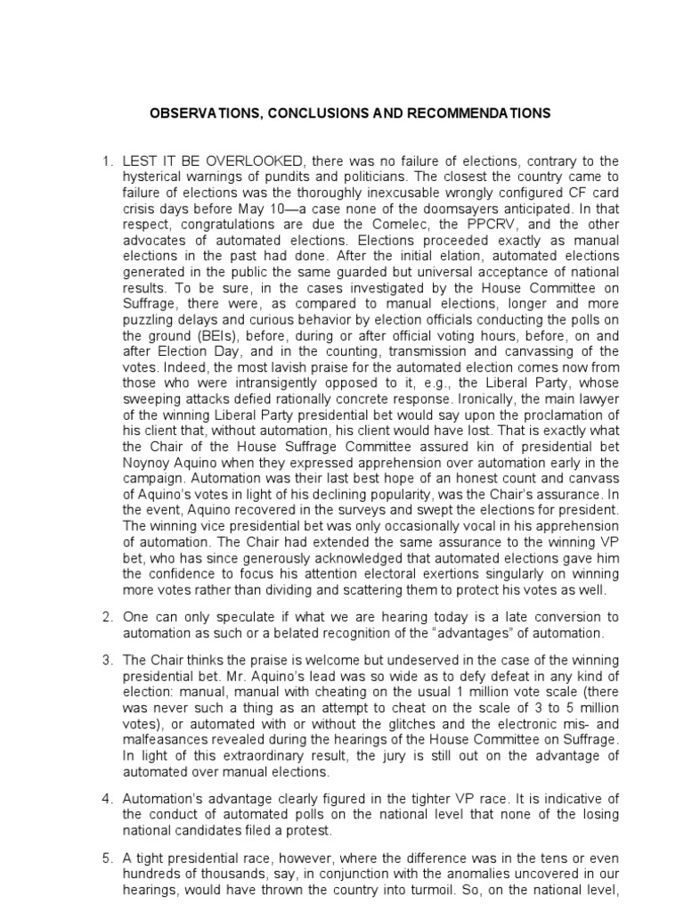 Observations, Conclusions and Recommendations | PDF | Commission On ...
