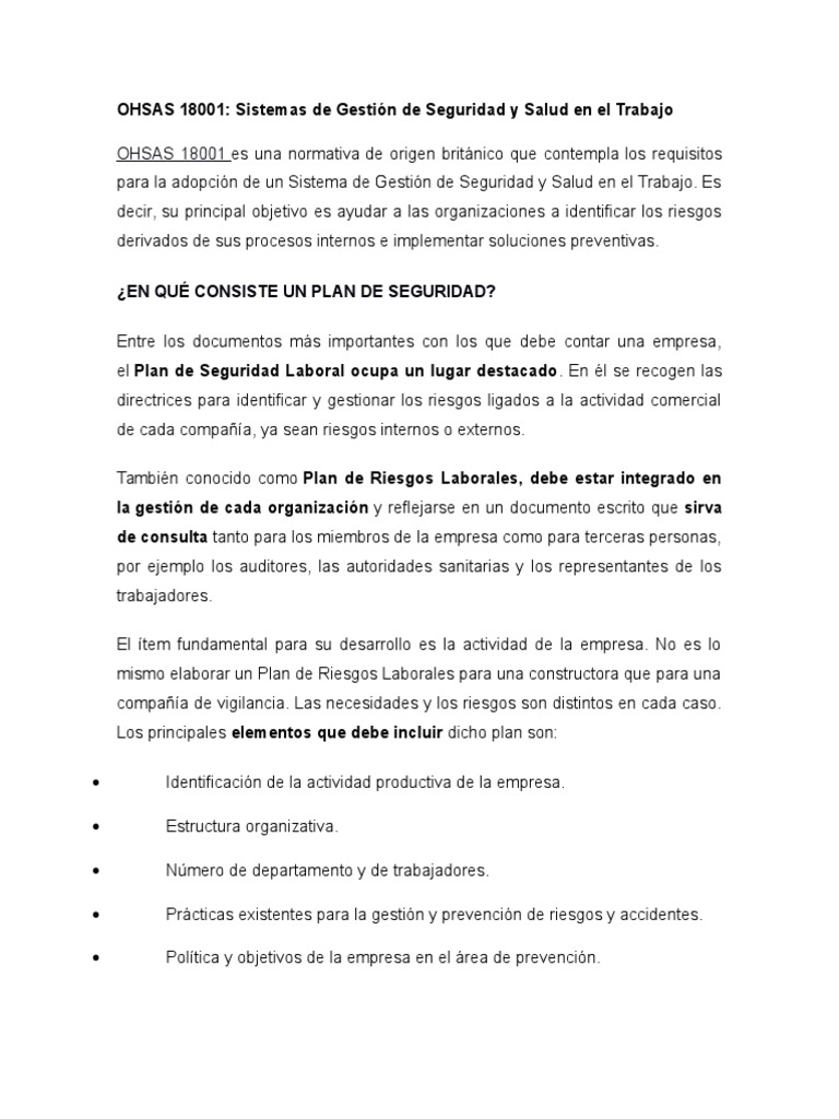 Plan de Seguridad y Salud Laboral | PDF | Seguridad y salud ocupacional ...