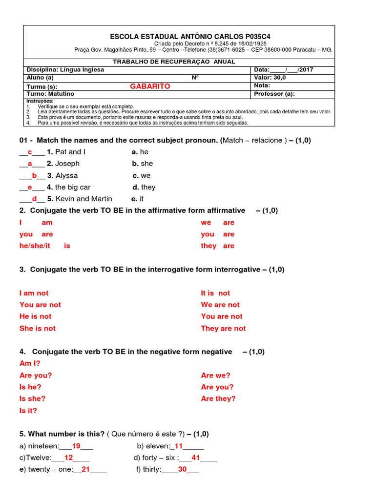 Prova de Inglês com Gabarito | PDF | Regras | Conjugação gramática
