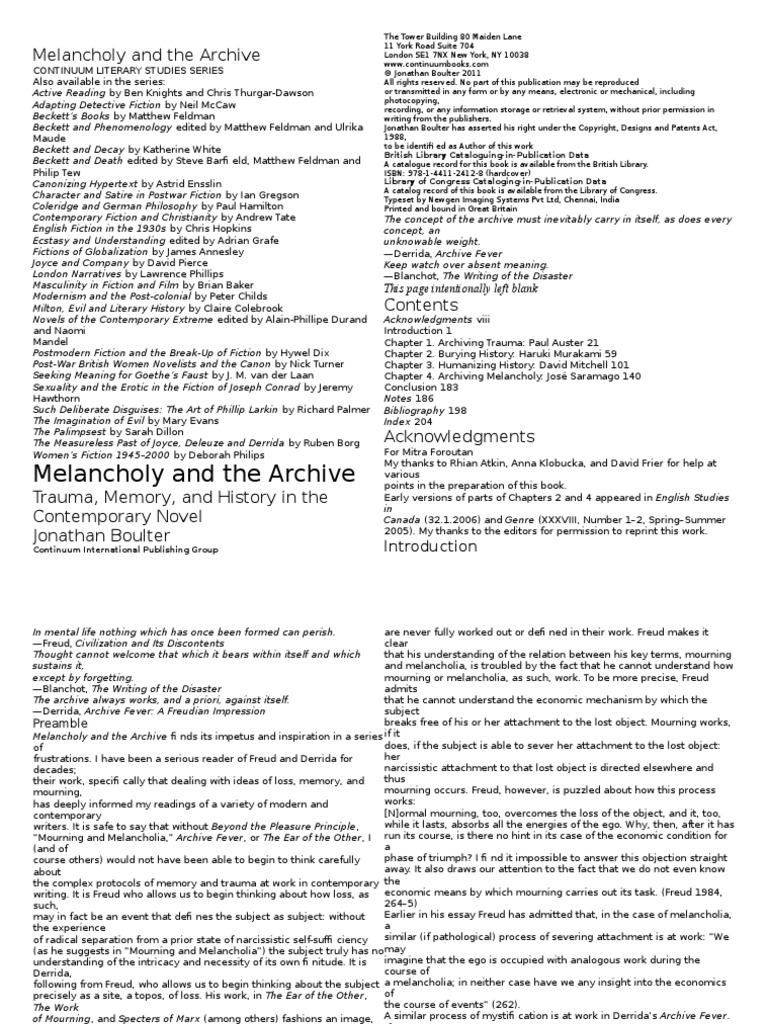 Melancholy and Archive PDF Id Jacques Derrida