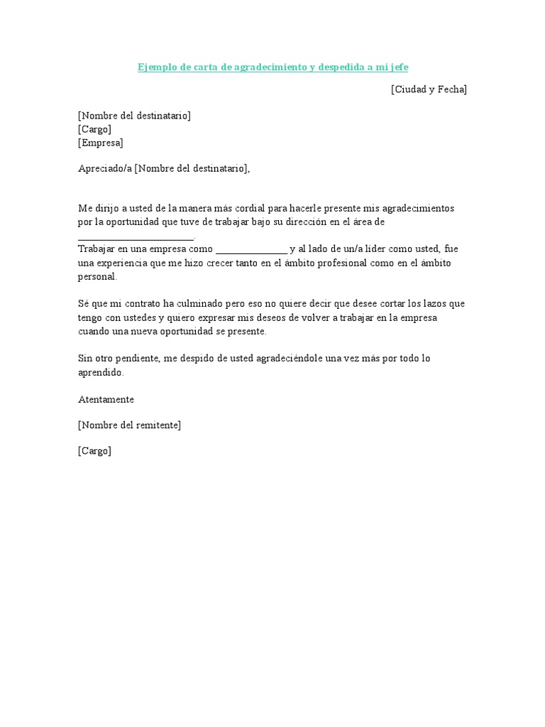 Ejemplo de Carta de Agradecimiento y Despedida a Mi Jefe