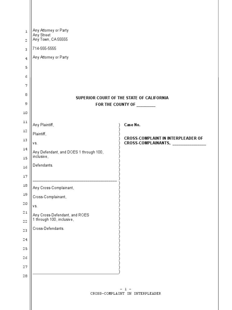 Sample Cross-Complaint in Interpleader for California Sample Cross-Complaint in Interpleader for California