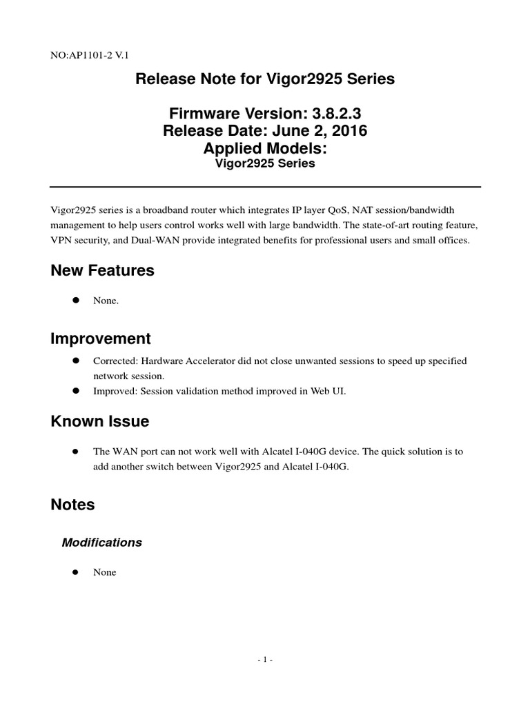 Vigor2925 Firmware Release Note 3.8.2.3 | PDF