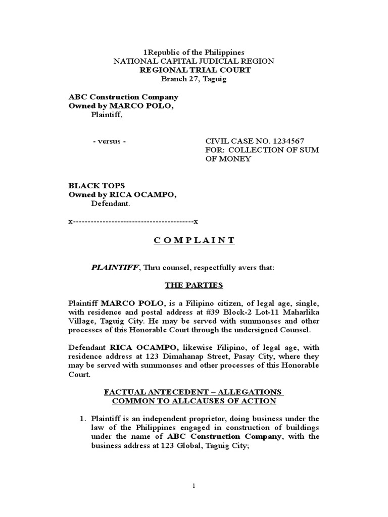 Collection of Sum of Money, Complaint | PDF | Pleading | Lawsuit