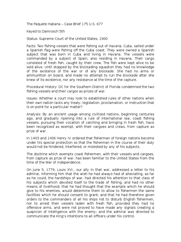 The Paquete Habana Case Brief 175 U.S. 677 PDF Prize (Law) Virtue