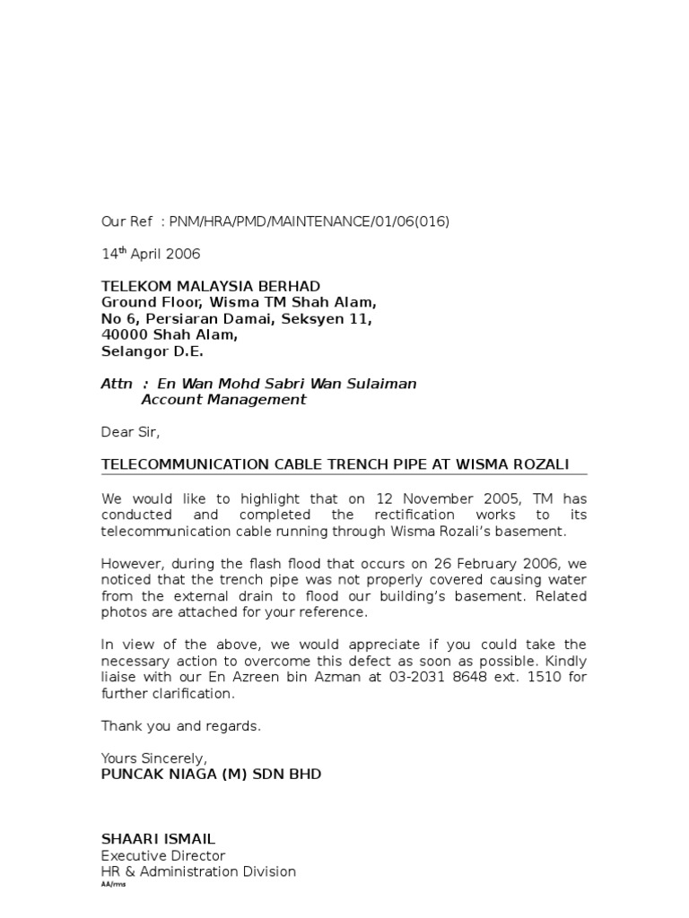 016a Letter To Telekom Rectify Cable Trunking Pdf