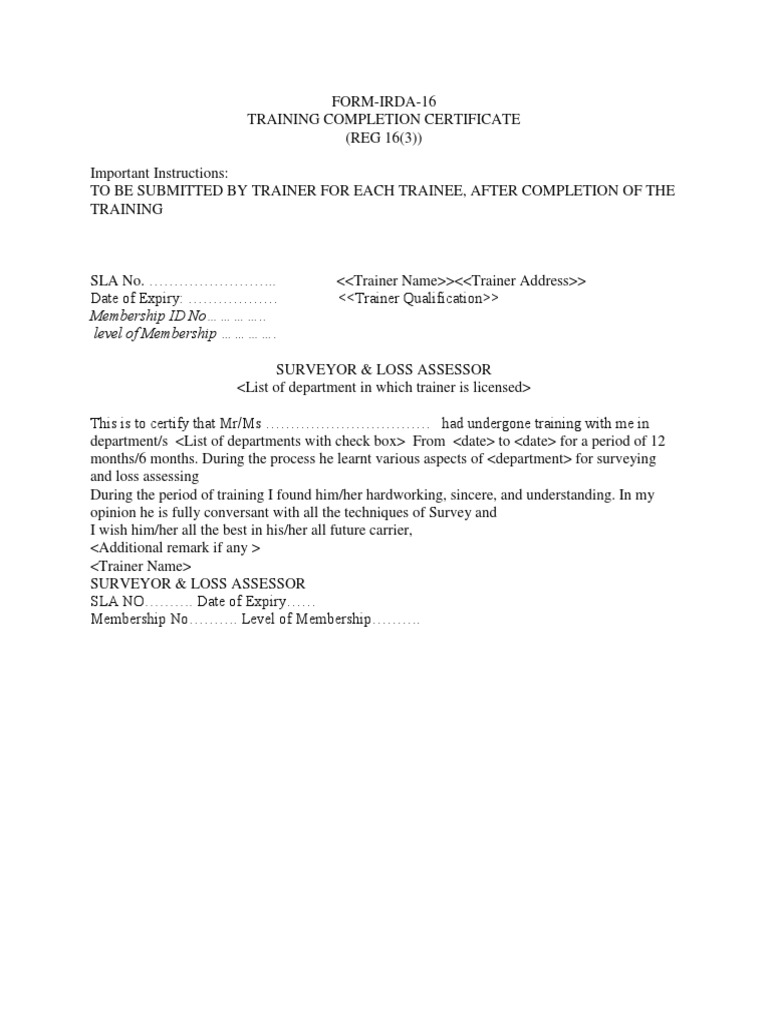 Training Completion Certificate Irda26672109