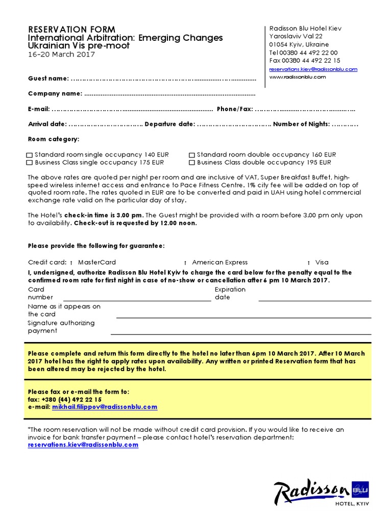 Reservation Form Radisson Blue Hotel Kyiv PDF