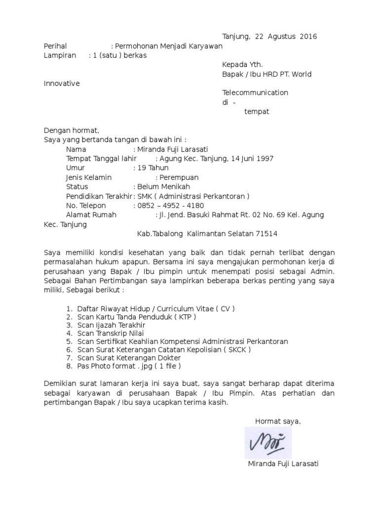 19++ Contoh Surat Lamaran Pekerjaan Administrasi