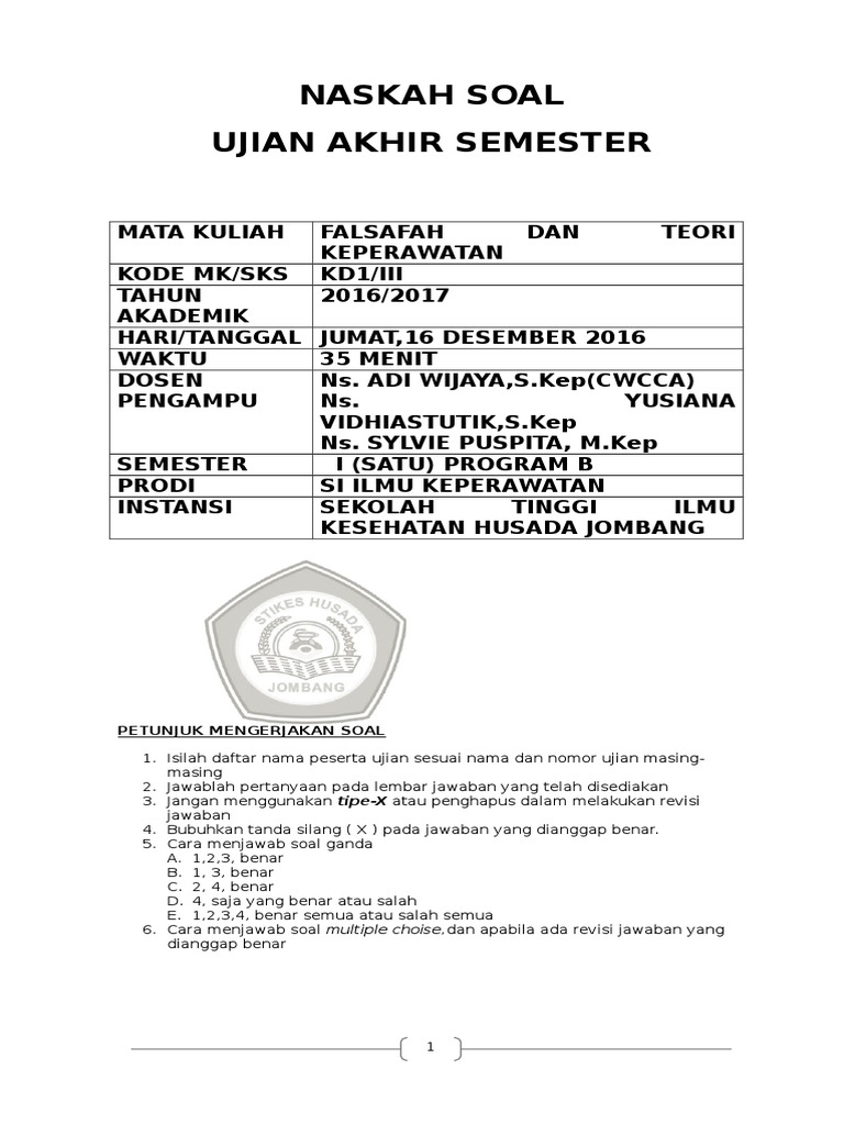 Naskah Soal Uas Falsafah Dan Teori Keperawatan