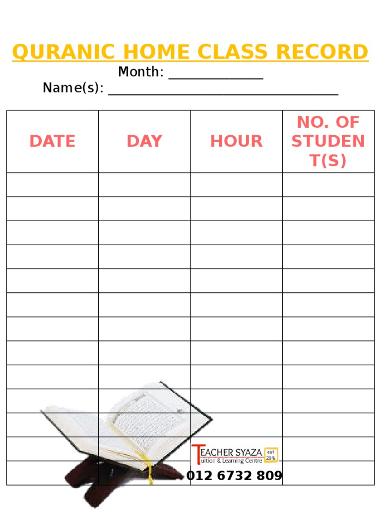 Quranic Home Class Attendance Log | PDF