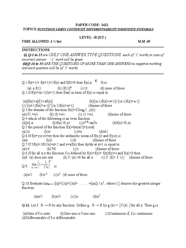 Practice Test Paper Functions Limits Continuity Differentiability Indefinite Integrals Iit