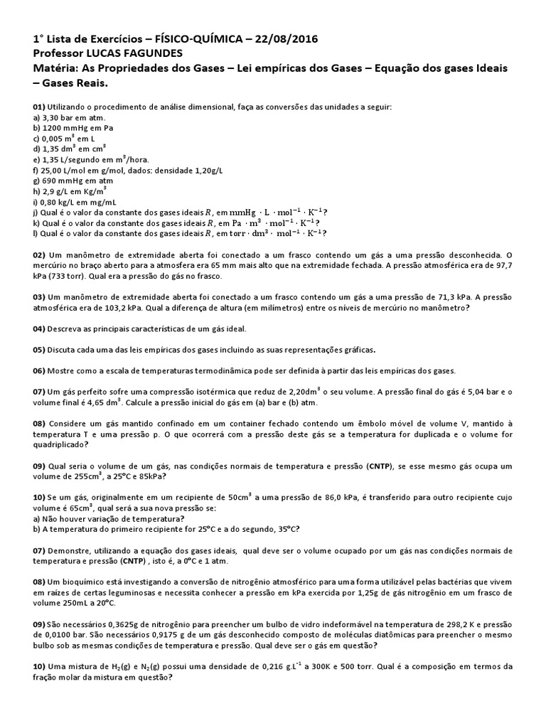 Lista de Exercícios Físico Química | PDF | Gases | Pressão