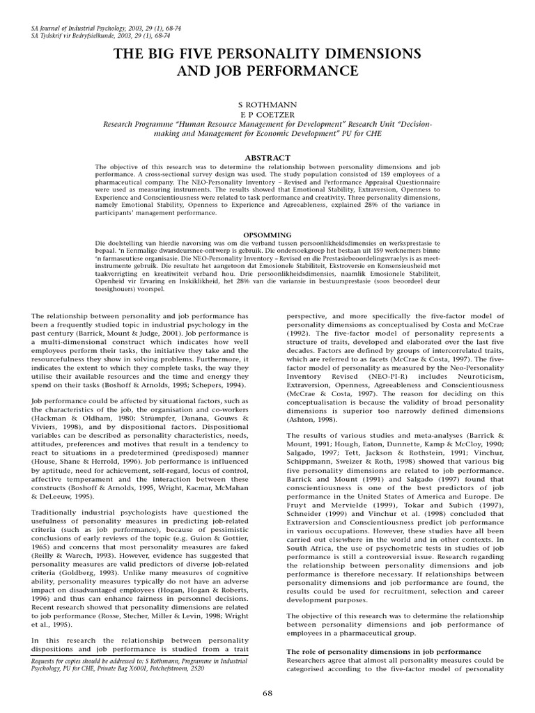 The Big Five Personality Dimensions and Job Performance PDF | PDF ...