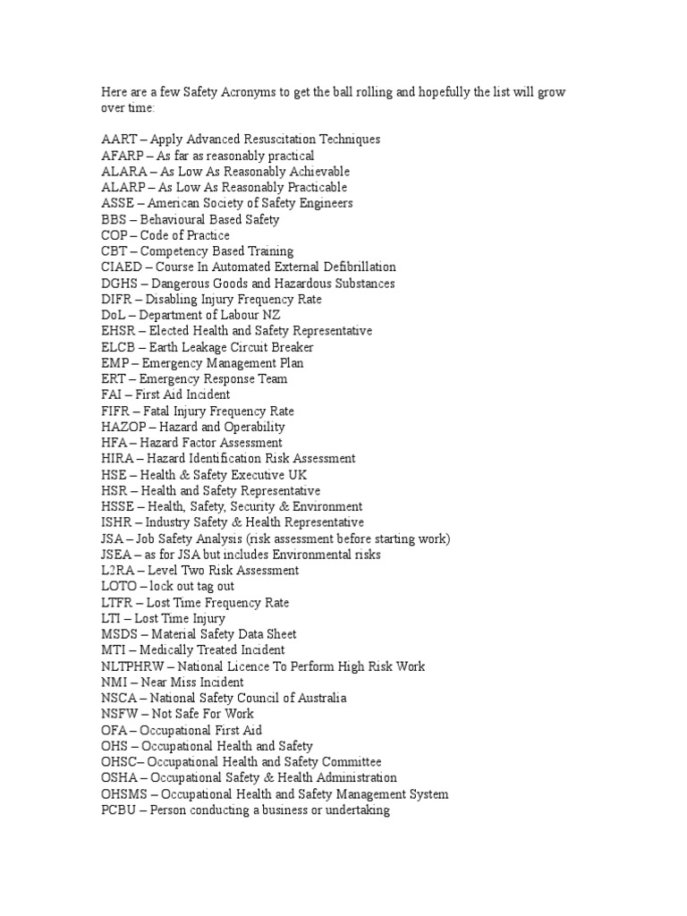 Safety Acronyms Occupational Safety And Health Safety