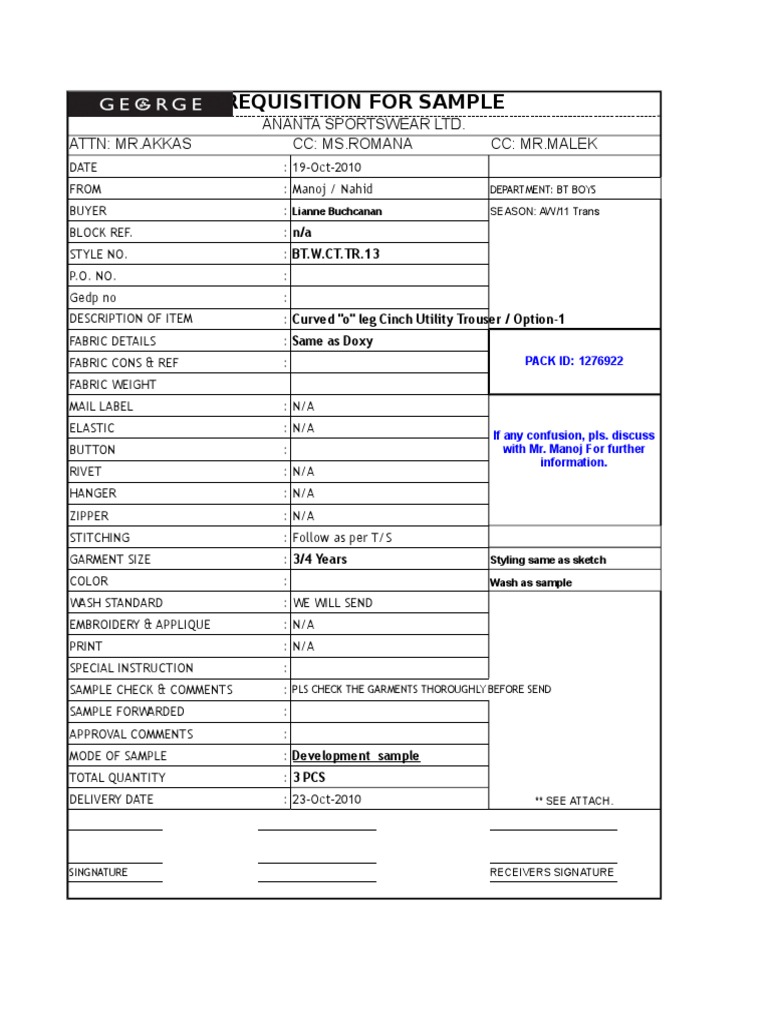 Requisition For Sample Ananta Sportswear Ltd. Attn MR Akkas CC Ms