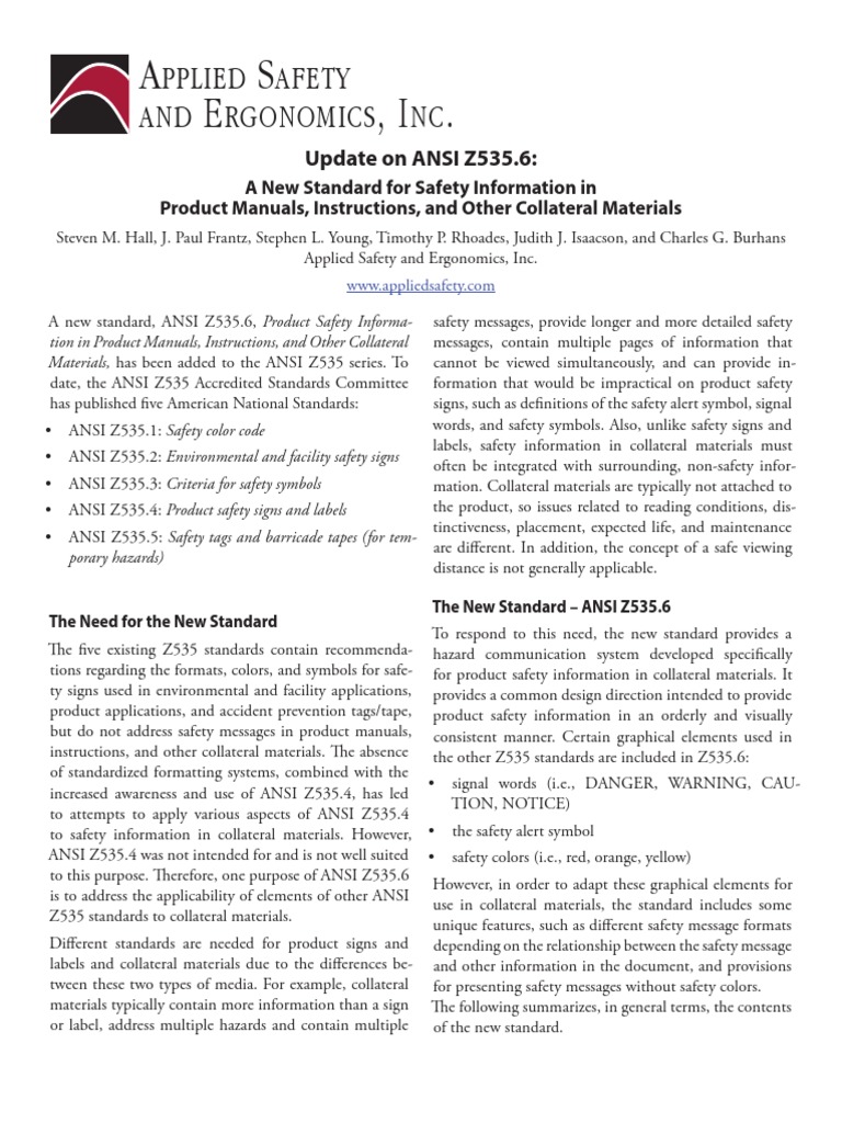 Applied Safety and Ergonomics ANSI Z5356 Article PDF PDF Safety