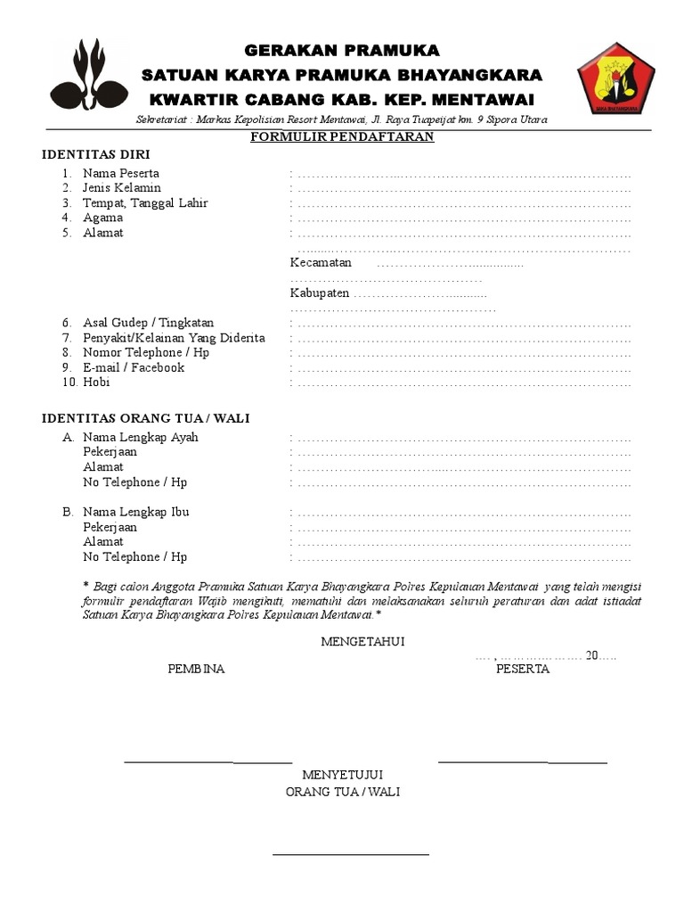 Contoh Formulir Pendaftaran Ekstrakurikuler Pramuka 