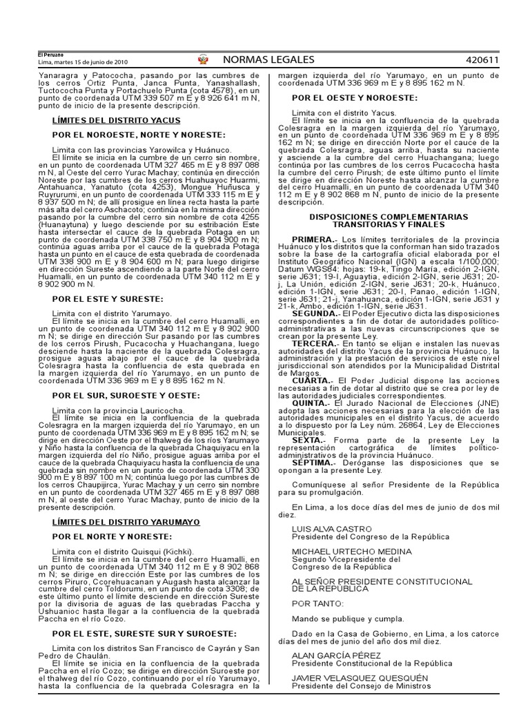 Ley 29541 Ley de Demarcacion y Organizacion Territorial de La Provincia de Oxapampa PDF