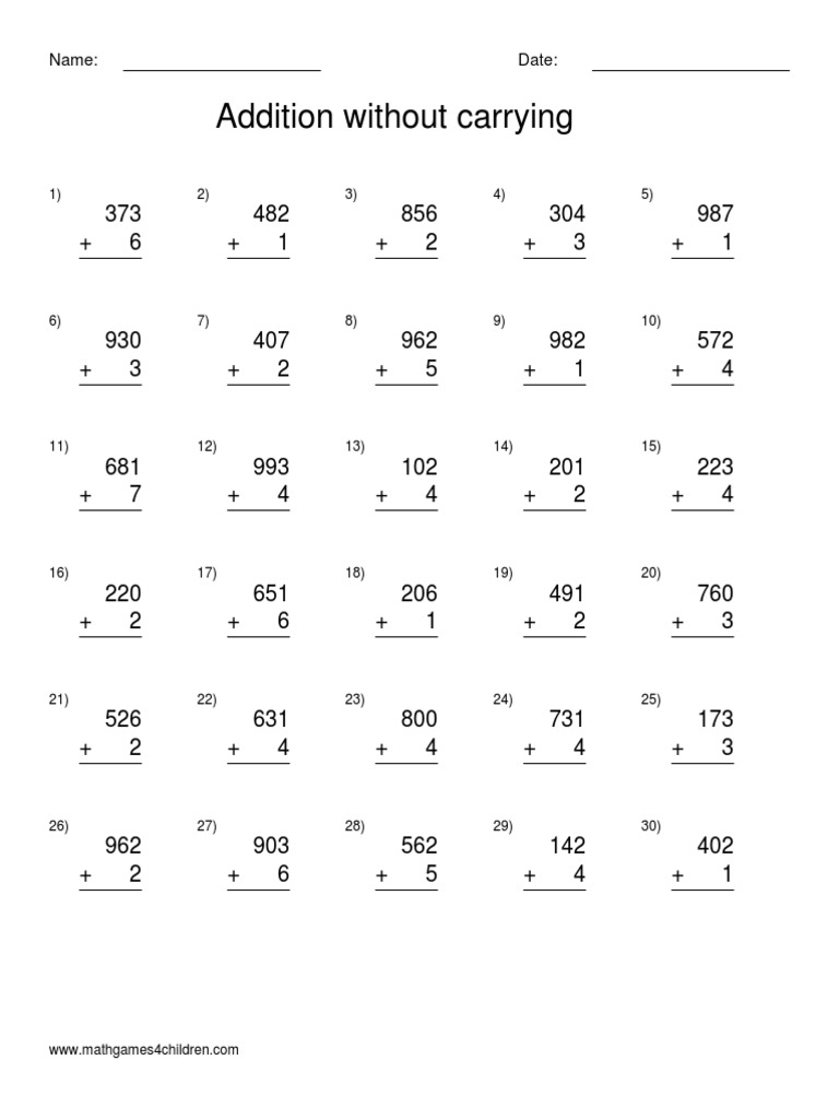 Addition Without Carrying: Name: Date | PDF | Games & Activities ...