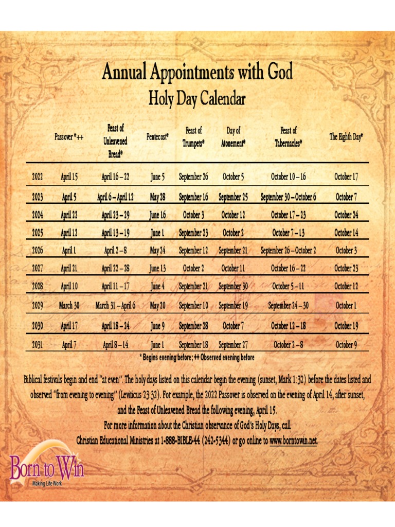 Holy Day Calendar Annual Appointments With God