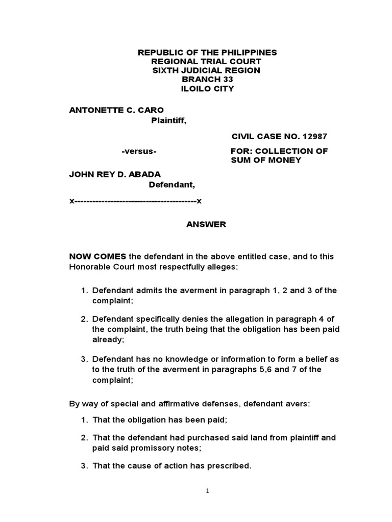 Answer To Complaint For Collection of Sum of Money | PDF