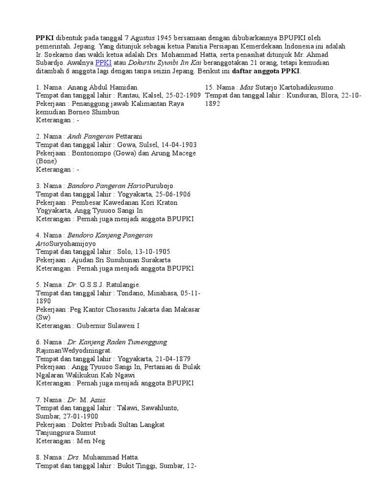 Ppki Dibentuk Pada Tanggal 7 Agustus 1945 Bersamaan Dengan Dibubarkannya Bpupki Oleh Pemerintah Pdf