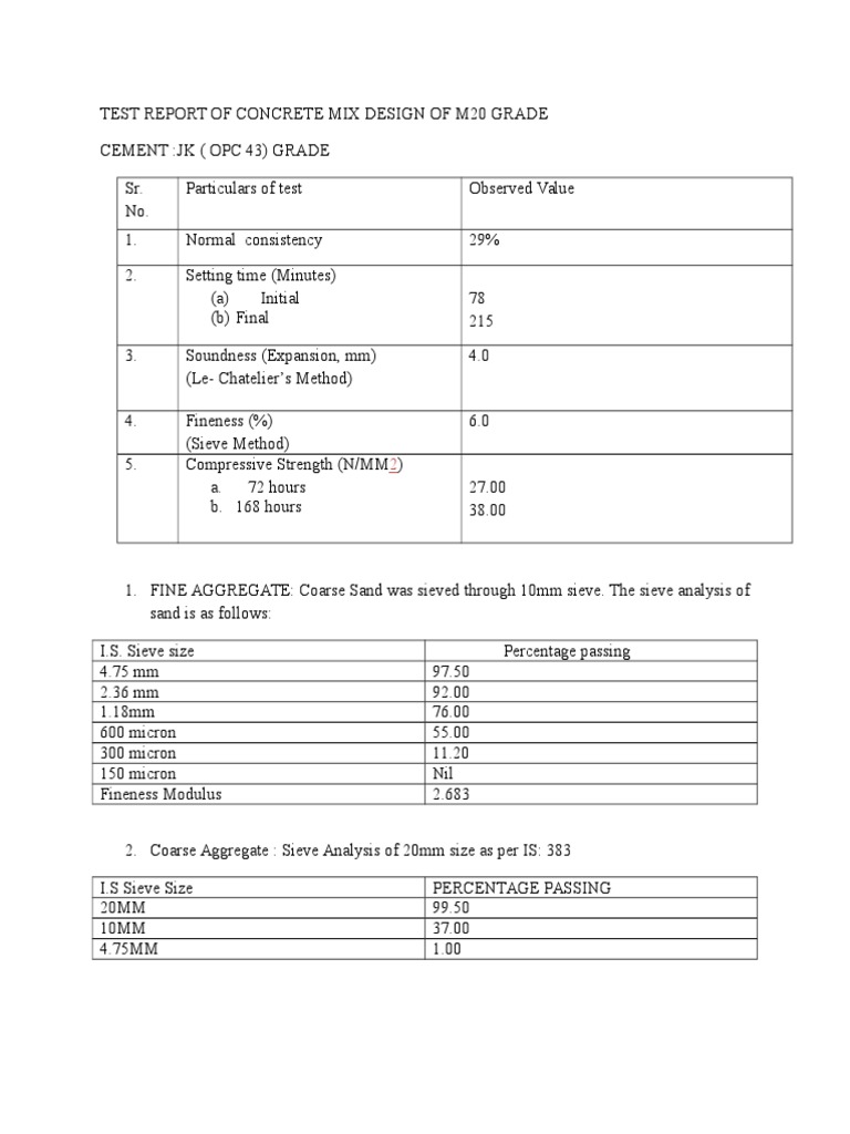 m20 Concrete Mix Design Report PDF Building Technology Concrete