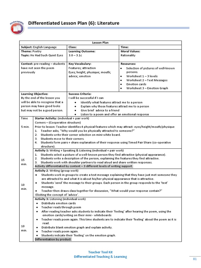 English Lesson Plan 2017 Lesson Plan Differentiated Instruction