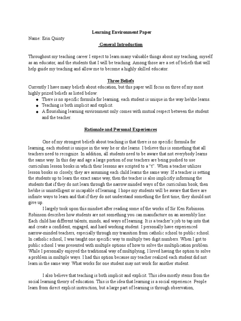Quinty Learningenvironmentpaper | PDF | Gender Role | Teachers