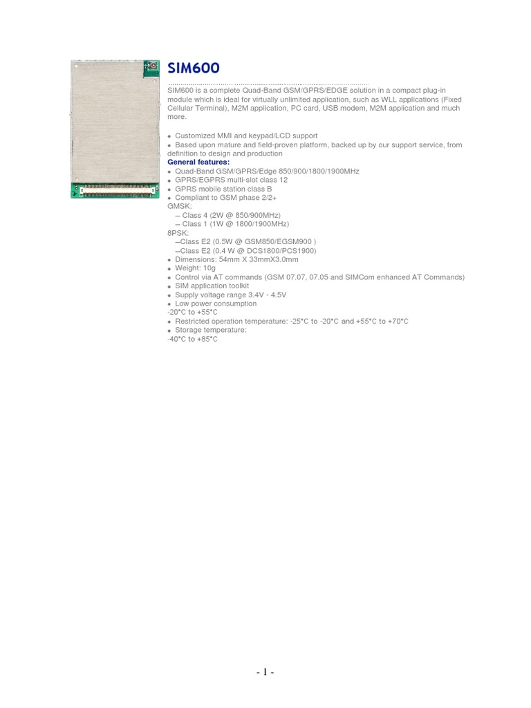 SIM600 Quad-Band GSM Module Overview | PDF | Telecommunications ...