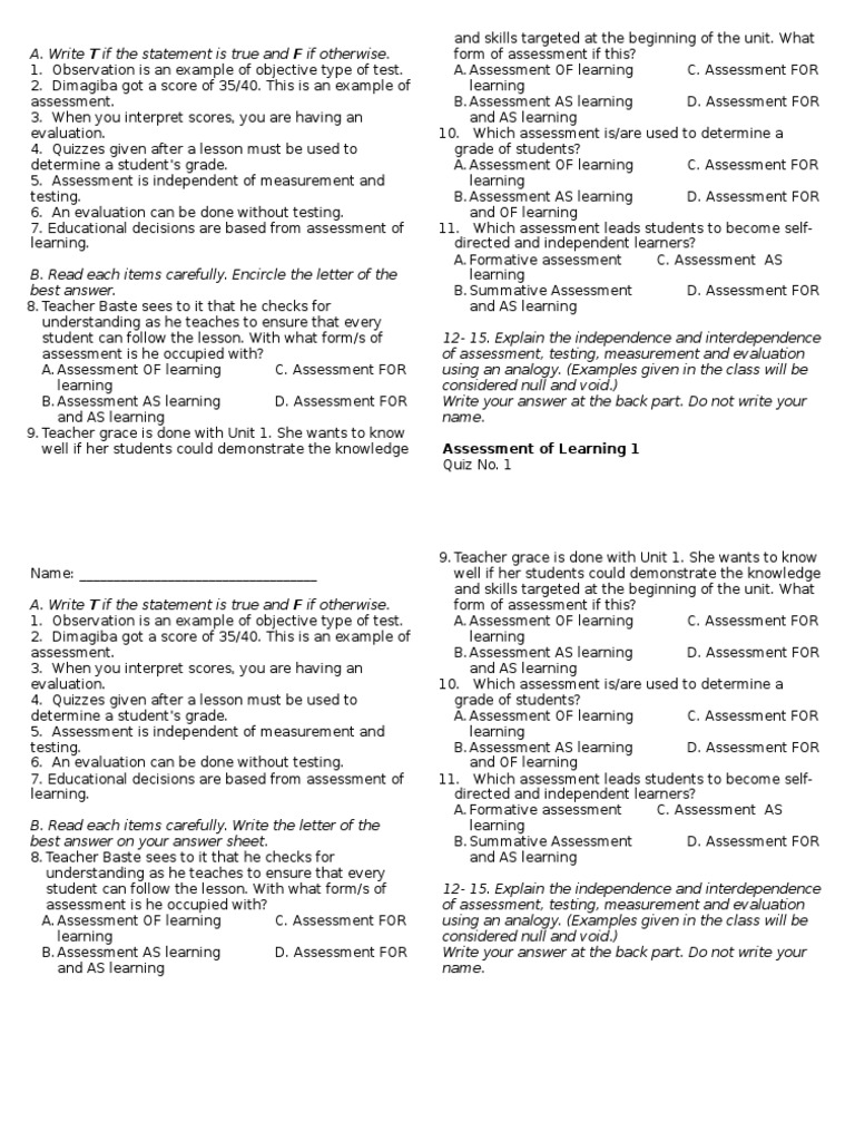 Quiz on Assessment Types and Evaluation | PDF | Educational Assessment ...