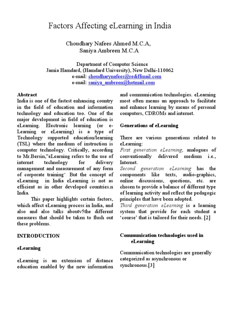 Factors Affecting Elearning in India | PDF | Educational Technology ...