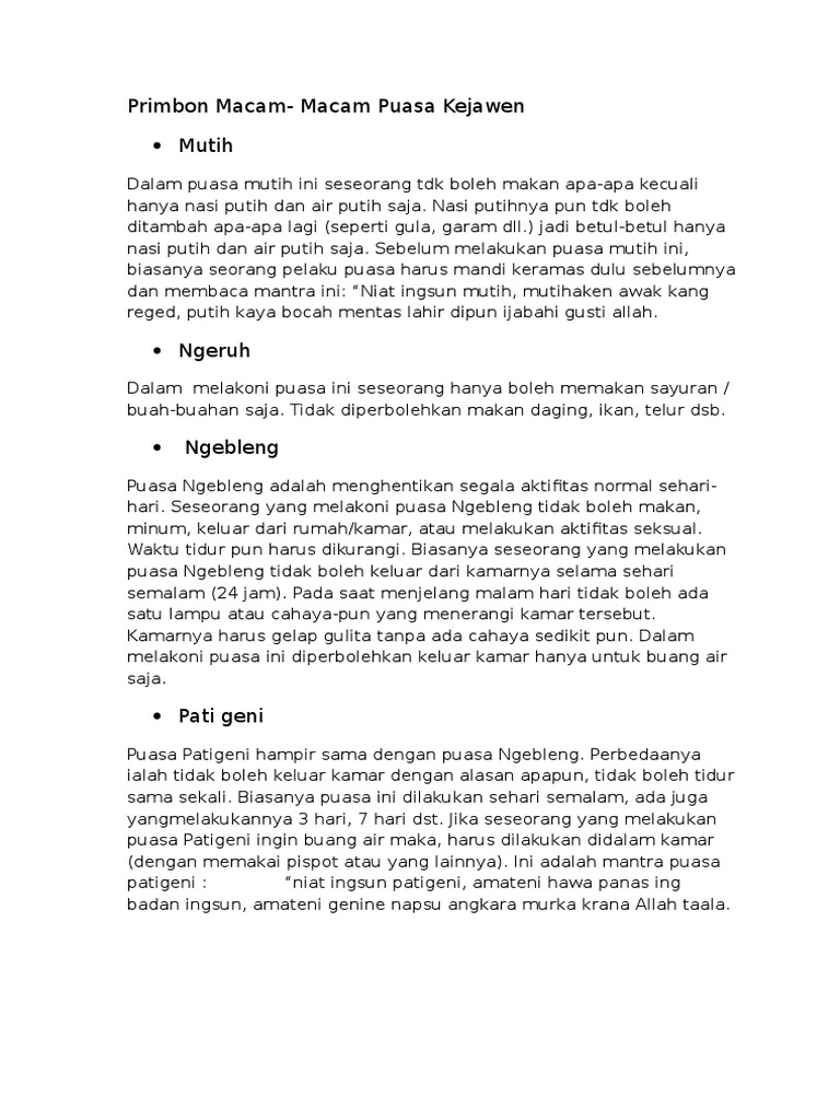 Primbon Macam Macam Puasa Kejawen Mutih