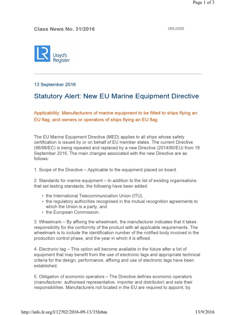 CN 312016 New EU Marine Equipment Directive.pdf Government Politics