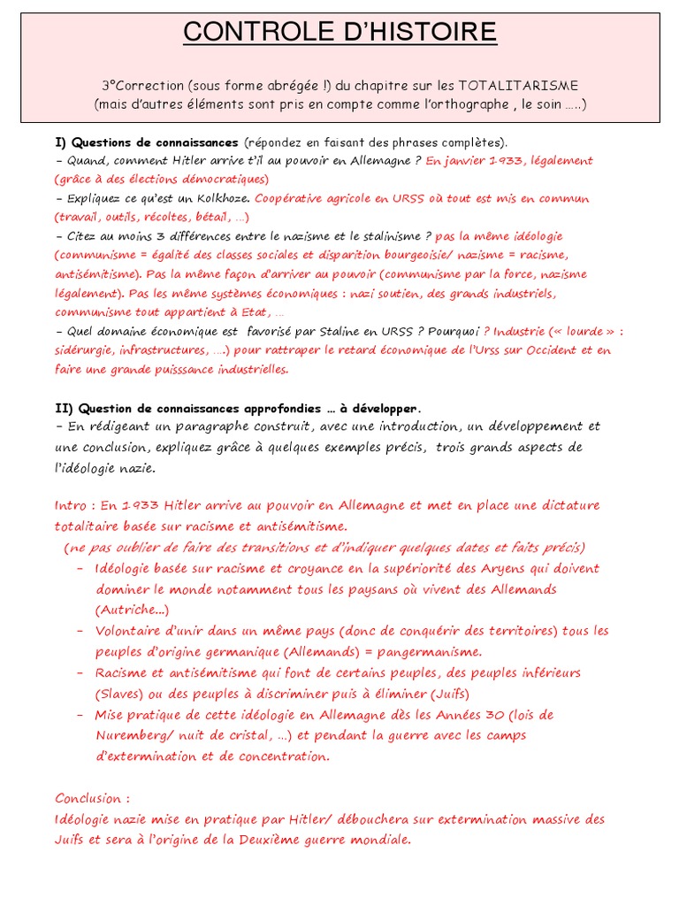 Contrôle Corrigé Sur Les Régimes Totalitaires En 3ème H3 TOTALITARISME Interro 2 Correction | PDF | Nazisme | Allemagne nazie