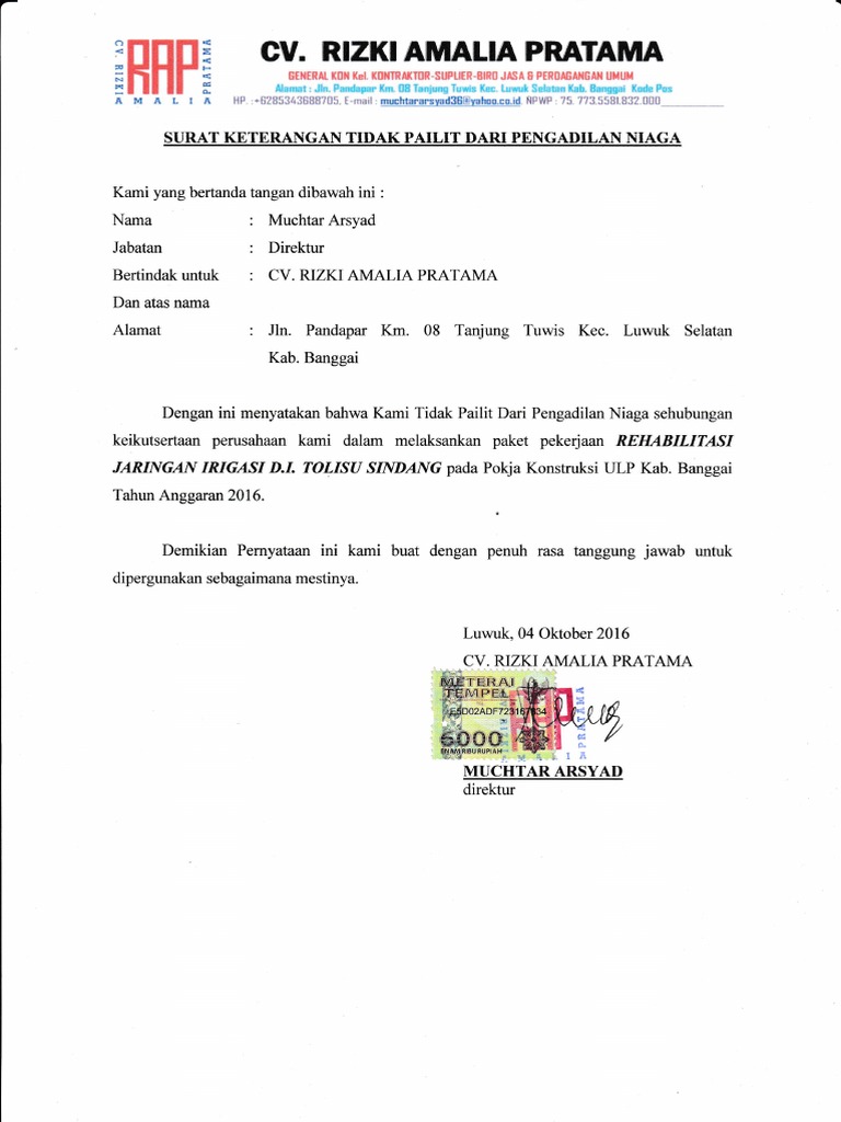 Contoh Surat Pernyataan Pailit