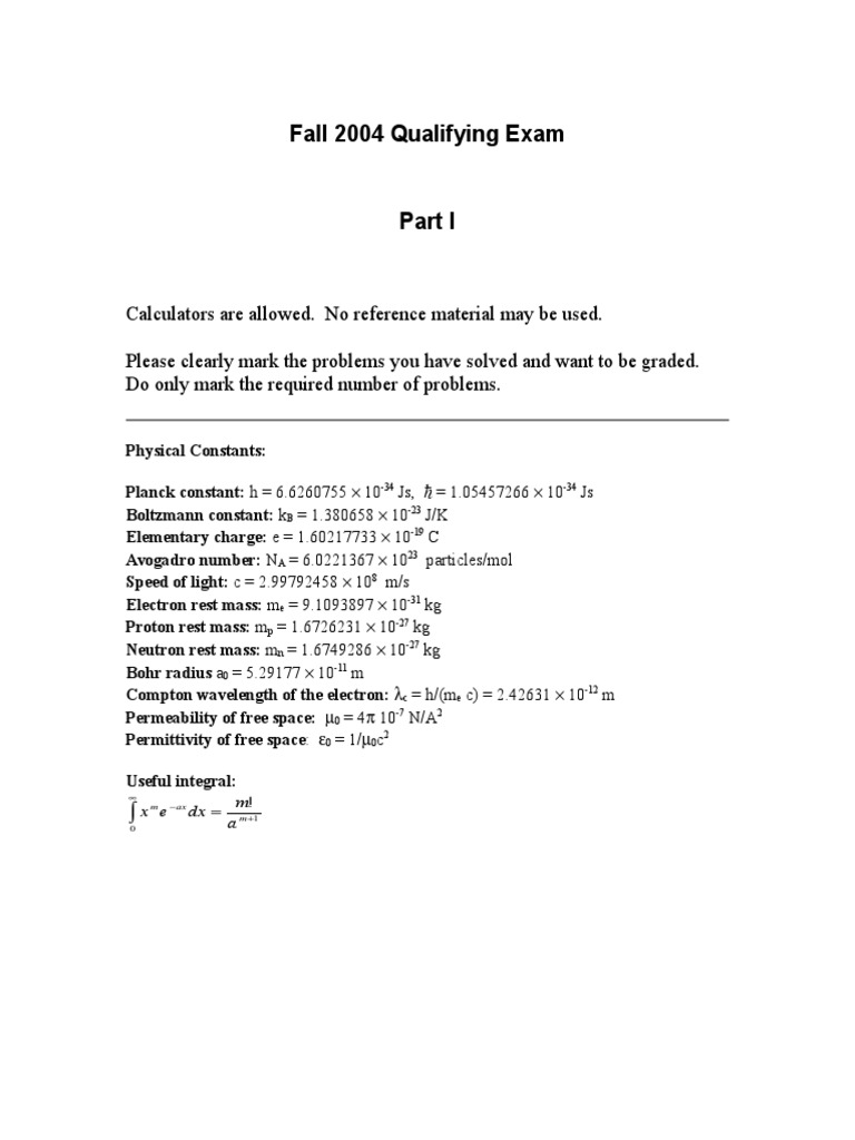 Fall 2004 Physics Qualifying Exam Problems | PDF | Phonon | Momentum