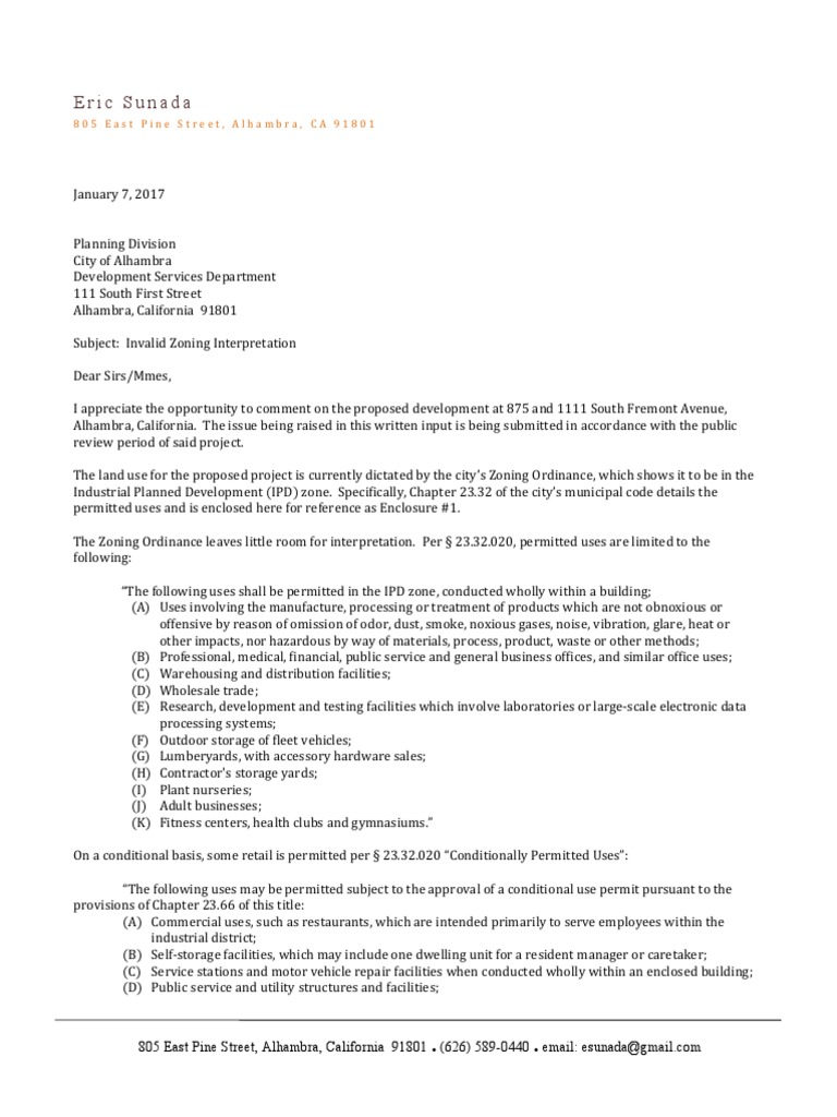 Eric Sunada letter to planning commission on zoning of Lowe's Project