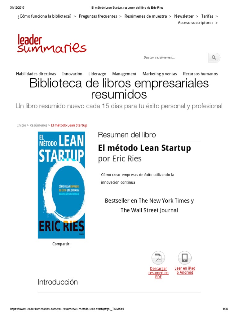 El Método Lean Startup, Resumen Del Libro de Eric Ries PDF | PDF | Lean ...